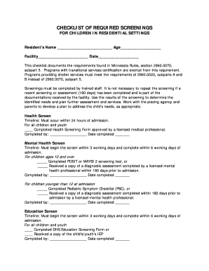 Minnesota Child Residential Screening Checklist