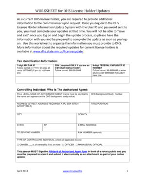 DHS License Holder Update Worksheet