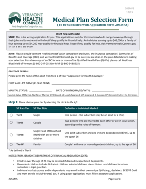 Vermont Medical Plan Selection Form 205MPS