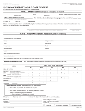 California Physician’s Report for Child Care Centers