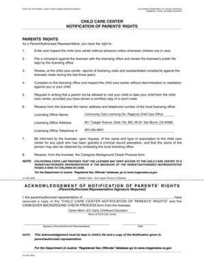 California Child Care Center Parents' Rights Notification