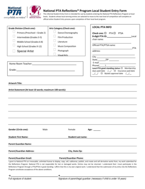 National PTA Reflections Program Local Student Entry Form