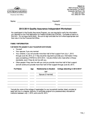 2013-2014 Quality Assurance Independent Worksheet