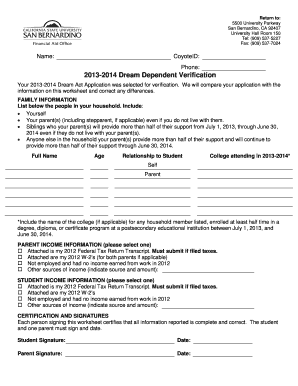 2013-2014 Dream Dependent Verification Form