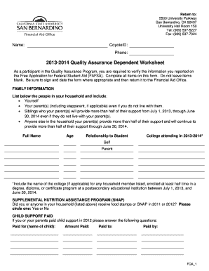 2013-2014 Quality Assurance Dependent Worksheet