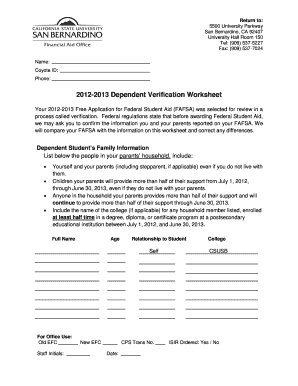 2012-2013 Dependent Verification Worksheet