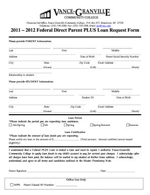 2011-2012 Federal Direct Parent PLUS Loan Request Form