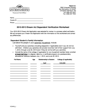2012-2013 Dream Act Dependent Verification Worksheet