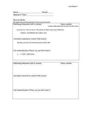 Research Project Note Cards and Source Cards Template