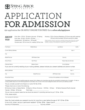 Spring Arbor University Admission Application