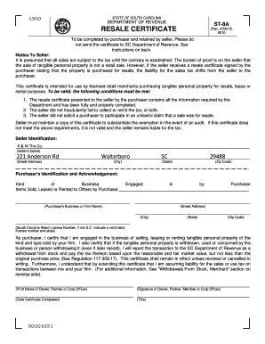 South Carolina Resale Certificate