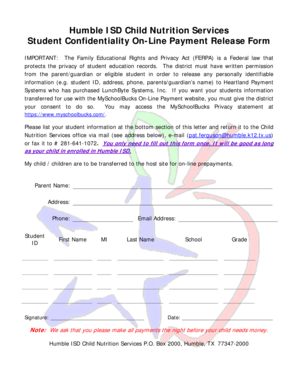 Humble ISD Student Confidentiality Online Payment Release Form