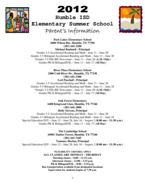 Humble ISD Elementary Summer School Registration Form