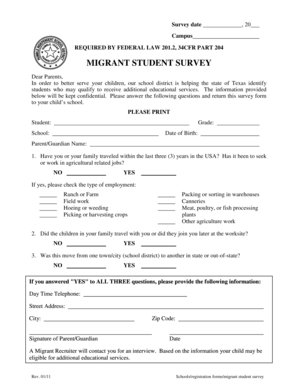 Migrant Student Survey Form