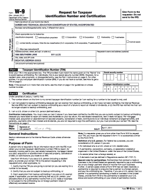 IRS Form W-9 Request for Taxpayer Identification Number and Certification