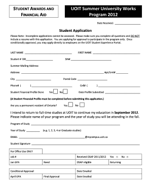 UOIT Summer University Financial Aid Application