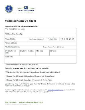 Volunteer Sign-Up Sheet - Fifth Third River Bank Run