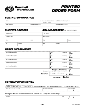 Baseball Warehouse Order Form