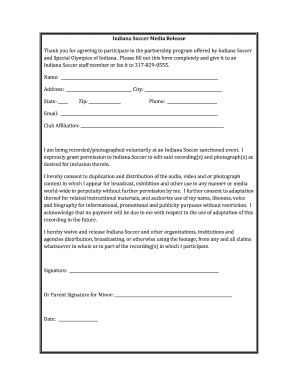 Indiana Soccer Media Release Form
