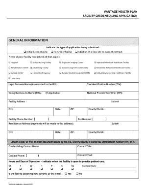 Vantage Health Plan Facility Credentialing Application