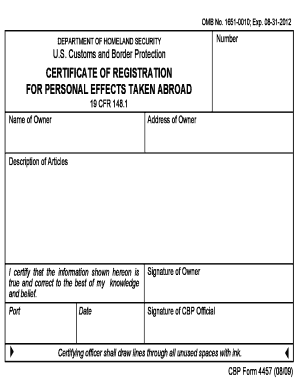 CBP Form 4457 Certificate of Registration for Personal Effects