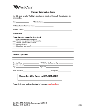 WellCare Member Intervention Form