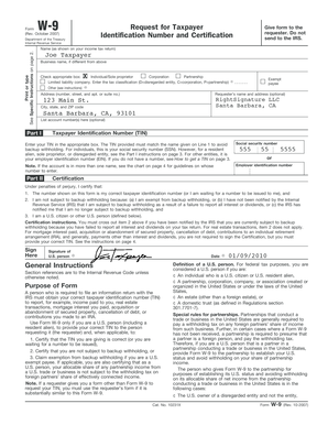 Form W-9 Request for Taxpayer Identification Number and Certification
