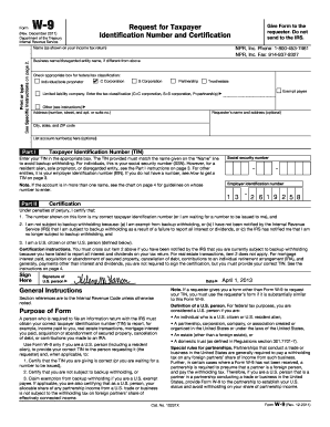 IRS Form W-9 Request for Taxpayer Identification Number and Certification