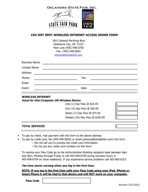 Cox Hot Spot Wireless Internet Access Order Form