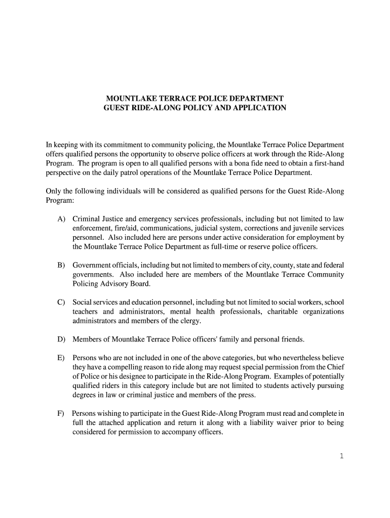 Guest Ride-Along Policy & Application - City of Mountlake Terrace Preview on Page 1