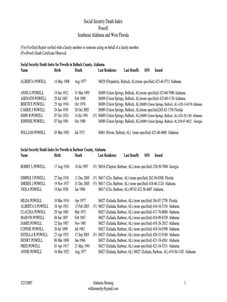 Fillable Online Social Security Death Index Powell Southeast