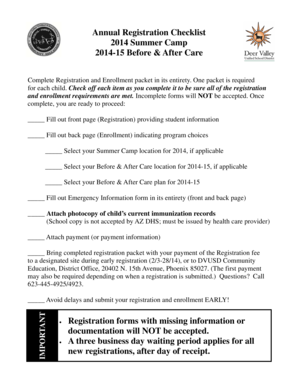 Annual Registration Checklist for Summer Camp and Before & After Care