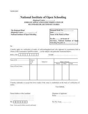 NIOS Secondary/Senior Secondary Marks Verification Form