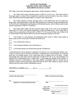 Colorado Certification and Affidavit Regarding Illegal Aliens