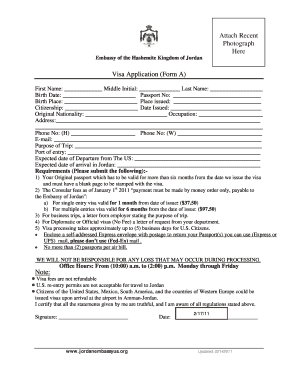 Jordan Visa Application Form A