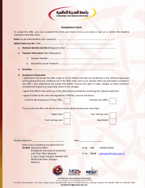 Fillable Online Acceptance Form Al Madinah International University Fax Email Print Pdffiller