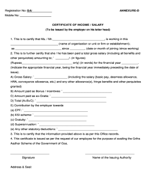 Certificate of Income or Salary