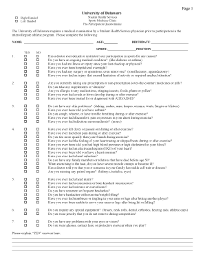 University of Delaware Pre-Participation Questionnaire