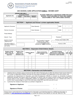 2013 School Card Application Form