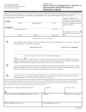US Immigration Attorney Appearance Form