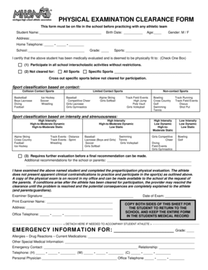 Michigan Physical Examination Clearance Form