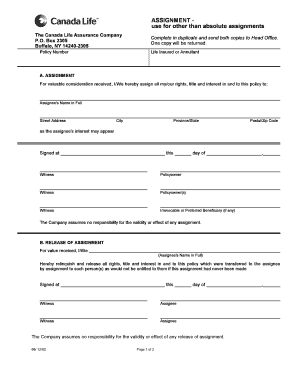 Canada Life Assurance Company Assignment Form