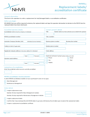 NHVAS Replacement Labels Accreditation Certificate