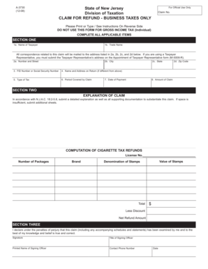 New Jersey Business Tax Refund Claim Form