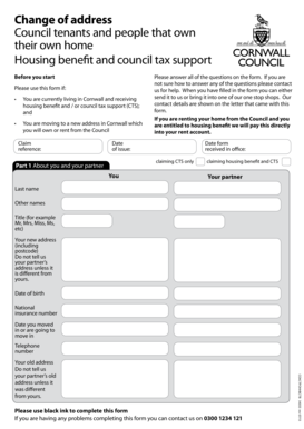 Cornwall Housing Benefit and Council Tax Support Change of Address Form
