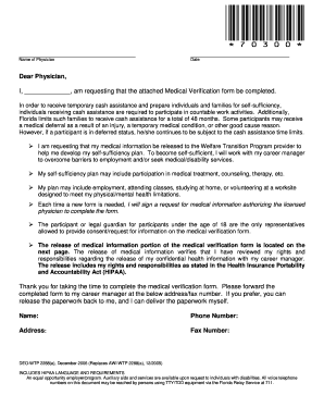 Florida Medical Verification Form for Cash Assistance