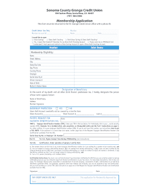Sonoma County Grange Credit Union Membership Application