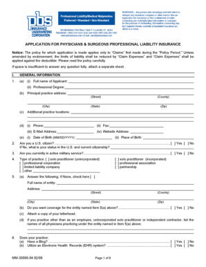 Physicians & Surgeons Professional Liability Insurance Application