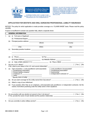 Dentists and Oral Surgeons Professional Liability Insurance Application