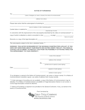 Michigan Notice of Furnishing
